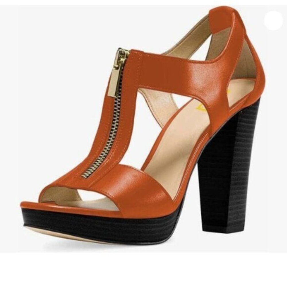 FSJ Women Peep Open Toe T-Strap Front  Chunky Stacked High Heel Sandal Orange